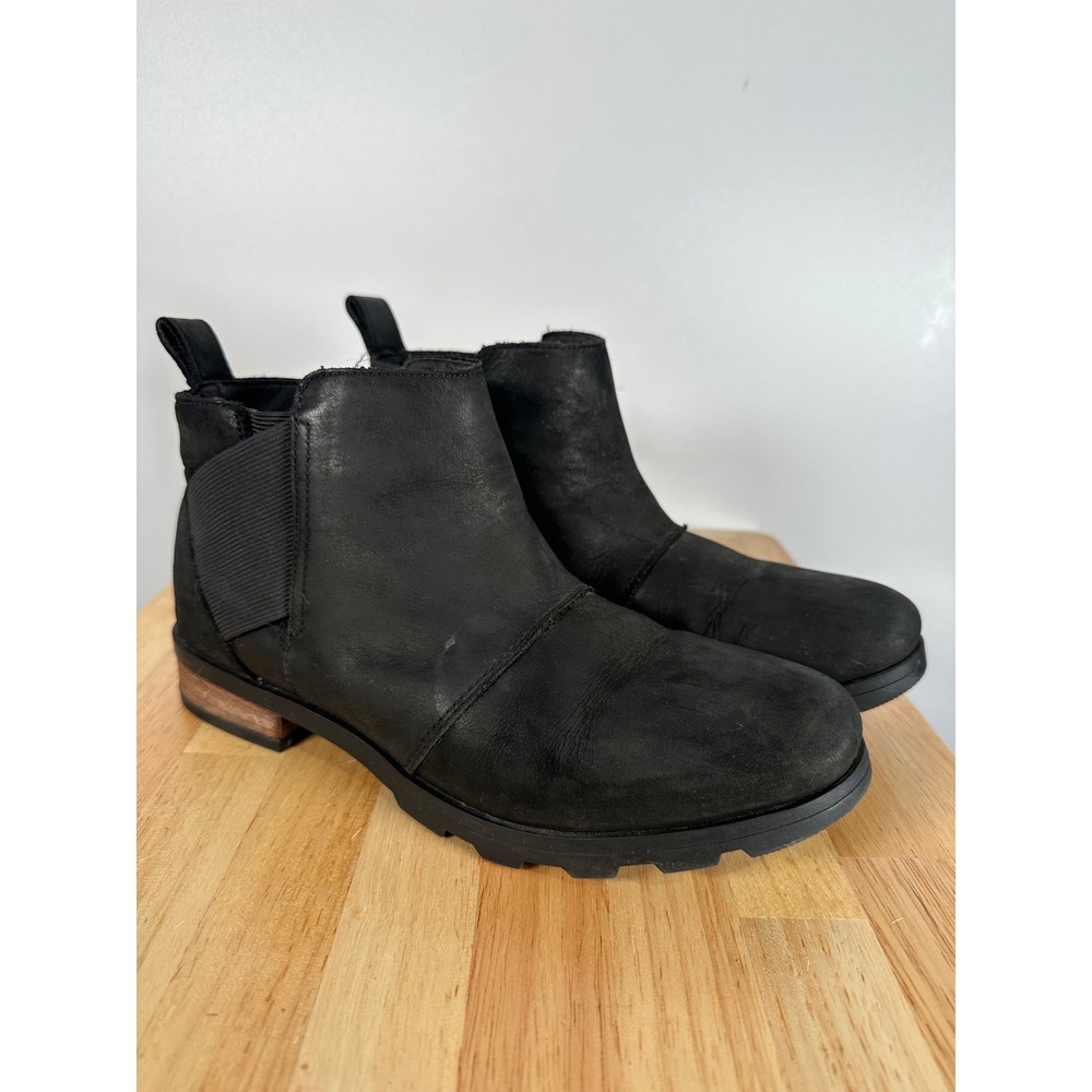 Sorel Emelie Chelsea Black Leather Waterproof Ankle Boots Gorpcore 8.5